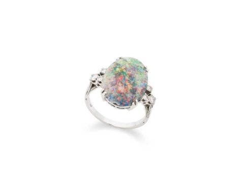 An opal and diamond ring Claw-set with a black opal, each shoulder set with three round brilliant-cut diamonds, indistinctly 