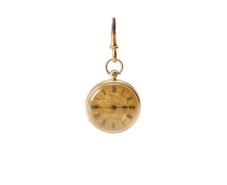 An 18ct gold cased open-faced pocket watch  Gilt dial with Roman numerals, blued hands, case with overall engine turned decor