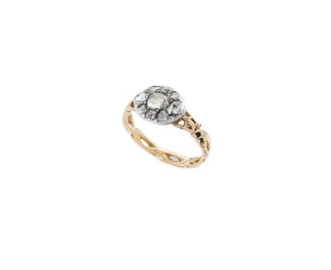 A Georgian diamond mourning ring Set with a cluster of rose-cut diamonds, to a scrolling band with indistinct inscription (bl