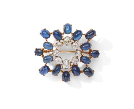 A sapphire and diamond brooch Designed as a circlet of vari-sized old brilliant-cut diamonds, within a radiating surround of 