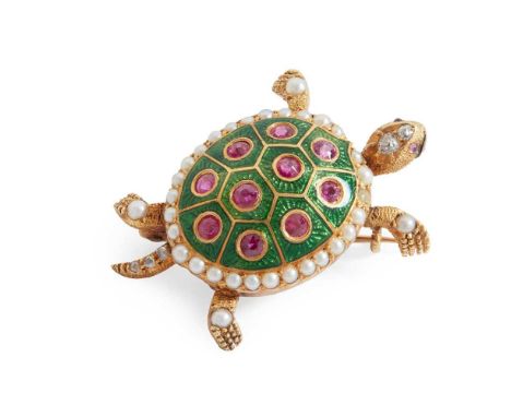 A multi-gem and enamel turtle brooch Naturalistically modelled with articulated head and tail, set throughout with seed pearl
