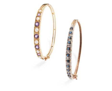 Two gem-set bangles Both of hinged design, the first set with split pearls and round-cut amethysts, unmarked; the second set 