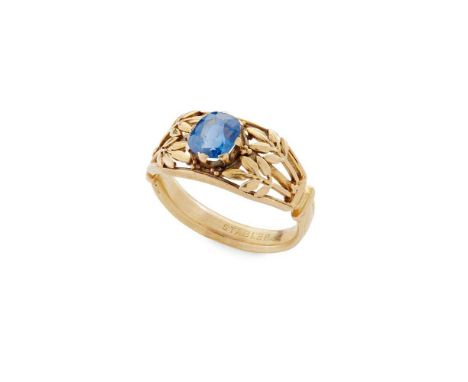 A sapphire dress ring Claw-set with a cushion-cut sapphire, pierced foliate detail to shoulders, unmarkedDimensions:Ring size