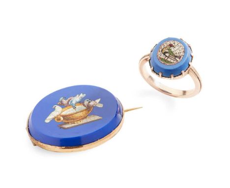 A micro-mosaic brooch and ring The ring depicts a bird in profile and the brooch depicts four doves at a water bowl, both unm