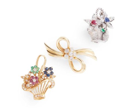 Three multi-gem brooches The first modelled as an 18ct gold bow with a cluster of round brilliant-cut diamonds, the second 18