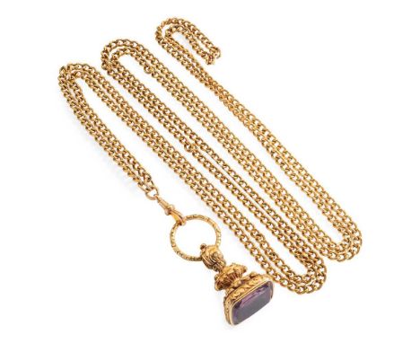 An amethyst fob and chain The foil-backed amethyst with blank matrix, cast decorative surmount, unmarked; suspended from a cu