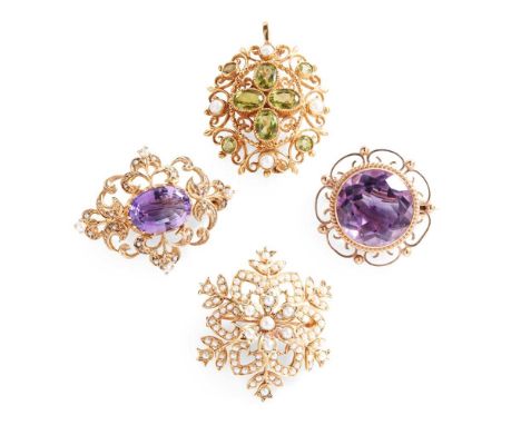 A collection of gem-set brooches  Including a 9ct gold circular amethyst brooch, another set with amethyst and seed pearls, u