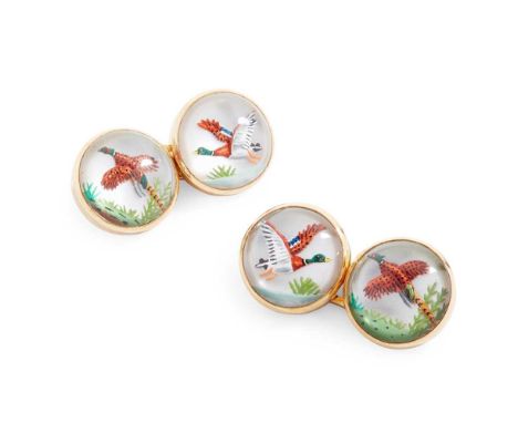 A pair of Essex Crystal cufflinks Each circular terminal depicting a pheasant or duck in flight, mounted in 18ct goldDimensio
