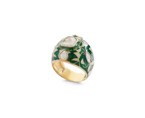 An enamel and diamond ring Collet-set throughout with foil-backed polki diamonds to a green and white enamel ground, unmarked