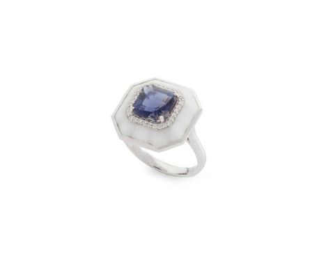 An iolite, agate and diamond ring Claw-set with a cut-cornered square-cut iolite, in a border of small round-cut diamonds and