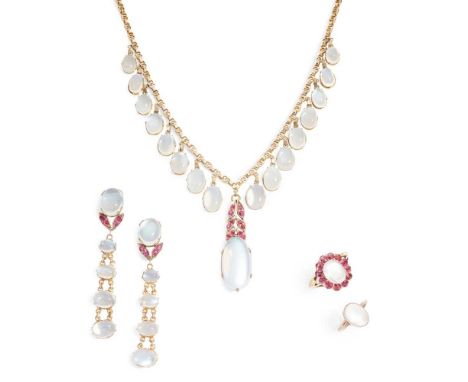 A part-suite of moonstone and ruby jewellery Including a fringed necklace, earrings and two rings, set with graduated moonsto