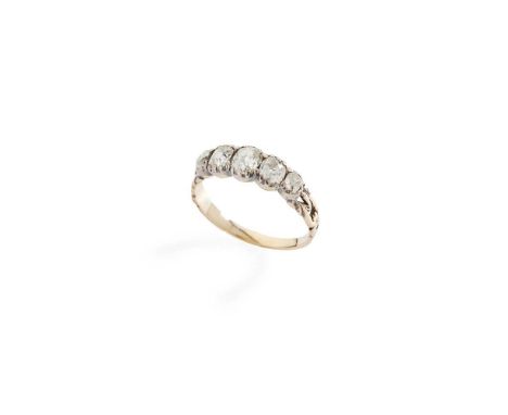 A diamond five-stone ring Claw-set five graduated old cushion-cut diamonds, beaded detail to band, unmarkedDimensions:Ring si