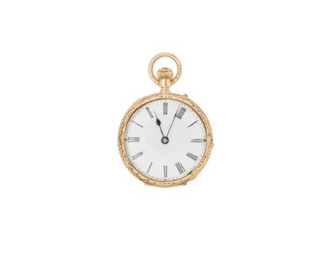An 18ct gold open-faced pocket watch Round enamel dial with Roman numerals, blued hands, Allam over engraved case, keyless wi