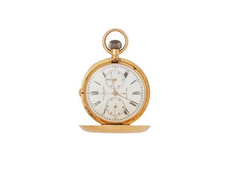 J & W. Mitchell Glasgow, retailer: An 18ct gold hunter-cased gentleman’s chronograph Round enamel white dial, inscribed, subs