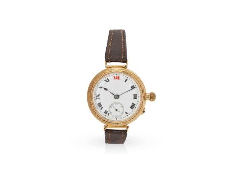 An early 20th century wristwatch No markings to case exterior, round white enamel dial with Roman numerals in black 12 in red
