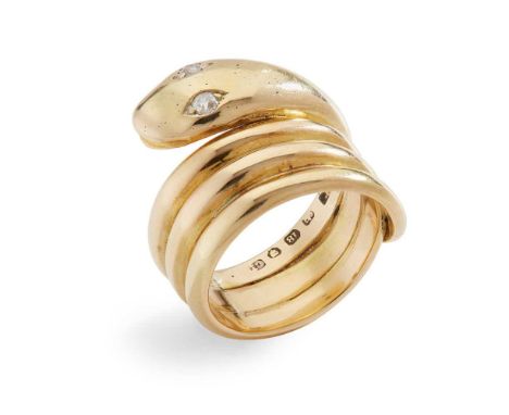 A diamond snake ring Modelled as a coiled snake, set with two old round-cut diamond eyes, modelled in 18ct goldDimensions:Rin