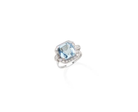 An aquamarine and diamond ring The cut-cornered square-cut aquamarine, to a single-cut diamond surround and shoulders, unmark