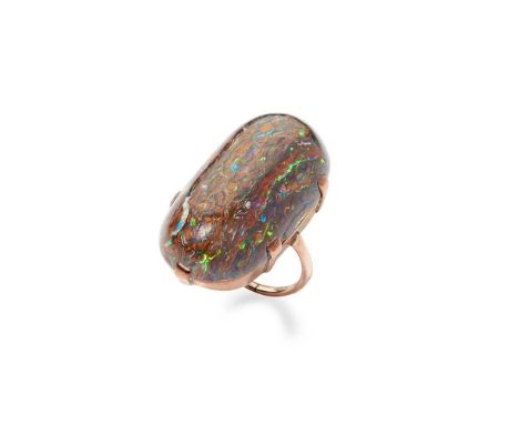 A large boulder opal ring Claw-set with a large cabochon boulder opal, unmarkedDimensions:Ring size: G/H