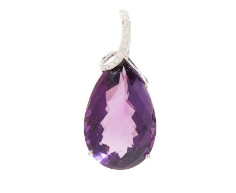 An amethyst and diamond pendant Claw-set with a mixed pear-cut amethyst, the scrolling surmount set with round brilliant-cut 