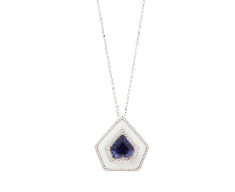 An iolite, agate and diamond pendant Claw-set with a stepped pentagon-shaped iolite, in a surround of white agate and small r