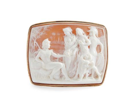 A shell cameo brooch  Depicting The Judgement of Paris, a pastoral scene of four figures and one putto, signed G.NoTo on reve