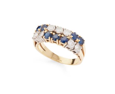 A sapphire and diamond half-eternity ring  Claw-set with two rows of seven alternating round brilliant-cut diamonds and seven