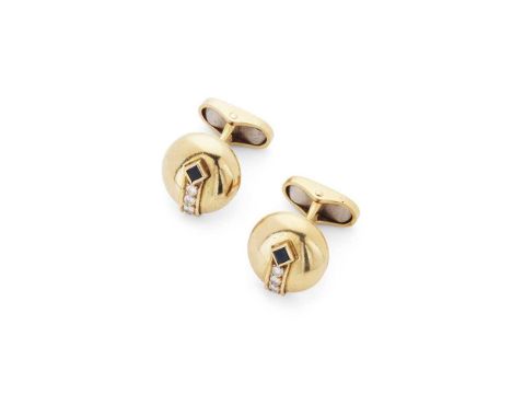 Mecan: A pair of sapphire and diamond cufflinks Each principal domed terminal set with a square step-cut sapphire and three r
