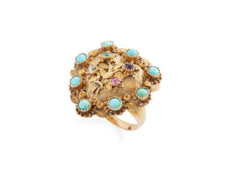 An acrostic dress ring Claw-set with a small diamond, emerald, amethyst and ruby, in a border of cabochon turquoise, unmarked