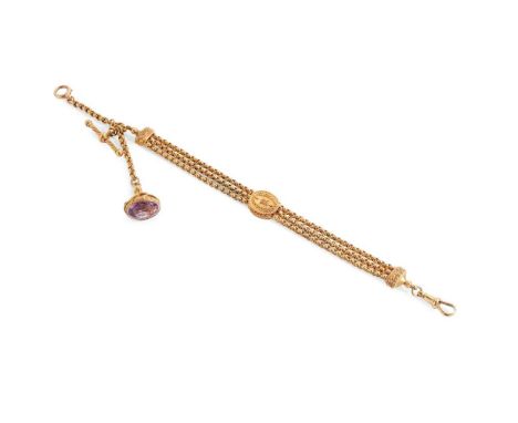 A fancy-link braclet Composed of three belcher-link chains, oval spacer with engraved and beaded detail, T-bar suspension and