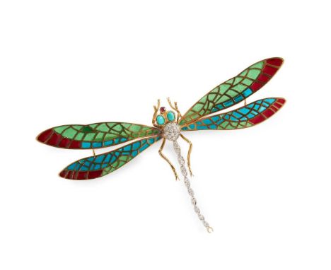An enamel and gem-set dragonfly brooch The body and tail pavé-set with eight-cut diamonds, two cabochon turquoise and a round