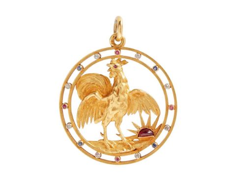 An early 20th century French ruby, diamond and sapphire pendant Depicting a cockrell crowing at sunrise, set throughout with 