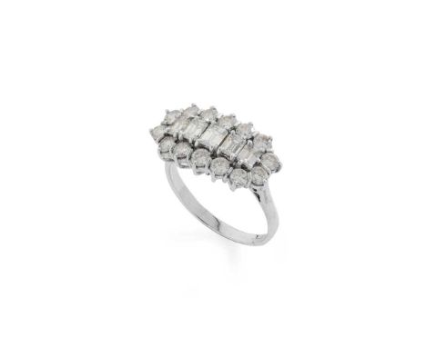 A diamond cluster ring Claw-set with five graduated cut-cornered rectangular step-cut diamonds in a border of round brilliant