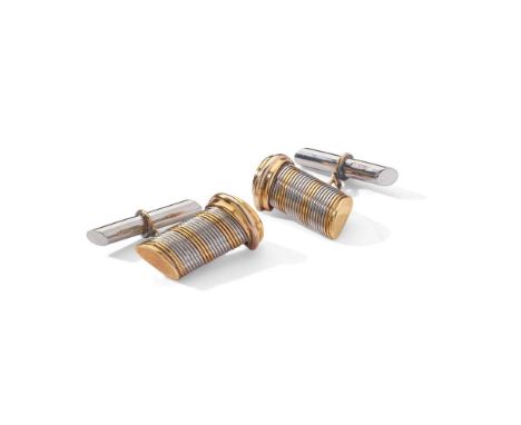 Cartier: A pair of bi-metallic cufflinks Of bi-metallic reeded design, to chain-link connectors and cylindrical terminals, si