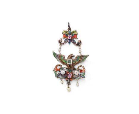 A Renaissance revival gem-set pendant Modelled as a bird with outstretched wings between scrolling foliate motifs, enamel det