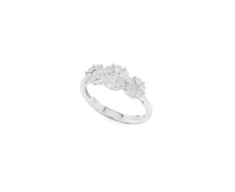 A diamond triple-cluster ring Claw-set with three graduated clusters of round brilliant-cut diamonds, modelled in 9ct goldDim