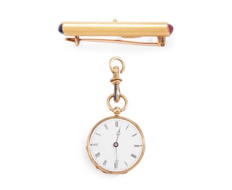 A late 19th century Russian ruby and sapphire bar brooch Circa 1890, the cylindrical bar collet-set with a cabochon ruby or s