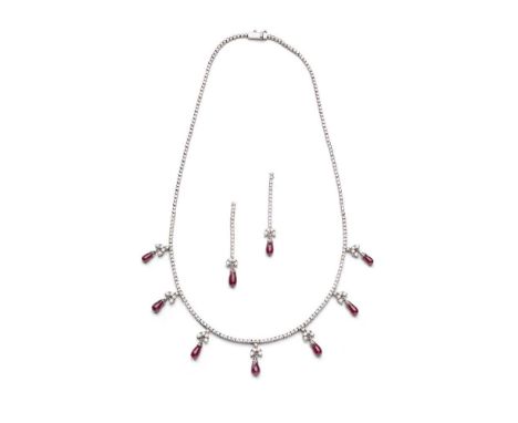 A ruby and diamond necklace and earrings The necklace set to the front with a line of round brilliant-cut diamonds, suspendin