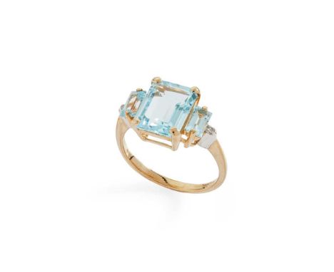 A blue topaz and diamond ring Claw-set with three cut-cornered rectangular step-cut blue topaz and two small eight-cut diamon