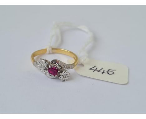 A three stone diamond &amp; ruby ring in 18ct gold mount size K 2.9g