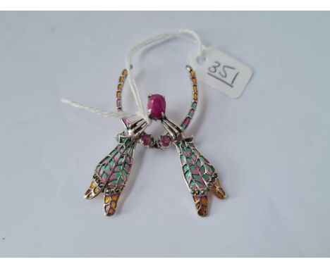 A silver plique a jour marcasite ruby double dragonfly brooch