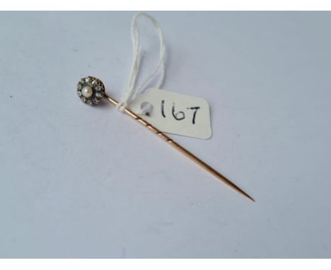 A vintage high carat (unmarked) daimond &amp; pearl stick pin 