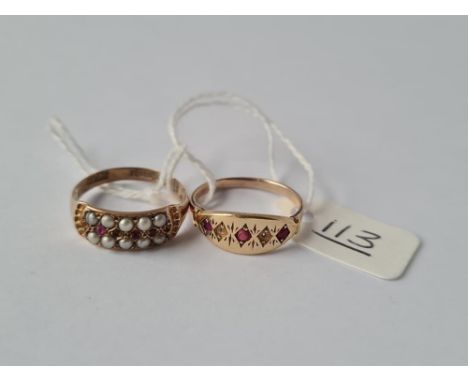 A ruby &amp; pearl ring and a ruby band ring both with stones missing - both 9ct - size N/M - 3.8gms