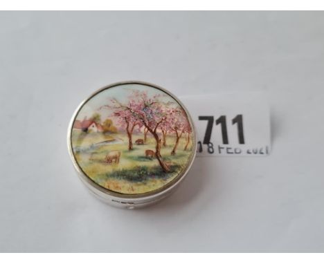 A attractive enamel decorated mirrored pill box with pastoral scene 1 1/2 inched diam Birmingham 1928 by A Bros 