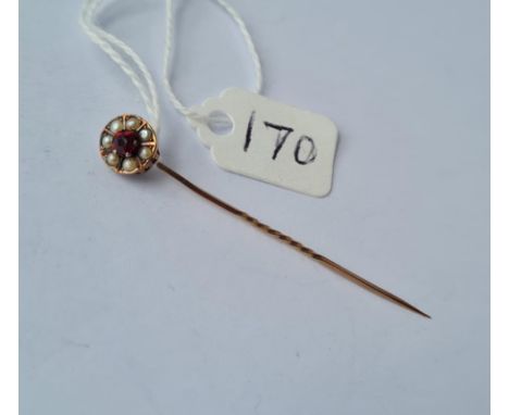 A gold unmarked garnet &amp; pearl cluster stick pin