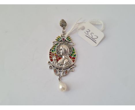 A silver plique a jour marcasite amethyst pearl set pendant