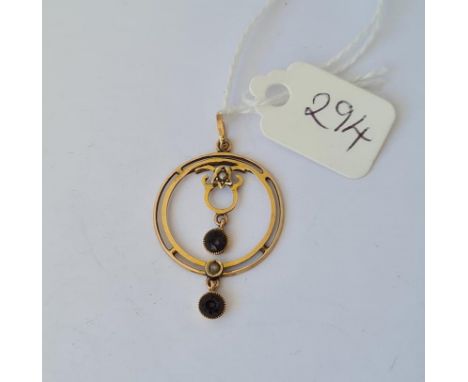 A circular pearl and amethyst 9ct drop pendant 