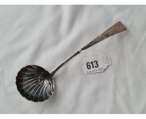 A George III Irish sauce ladle with shell bowl hooked end, bottom marked by RL 