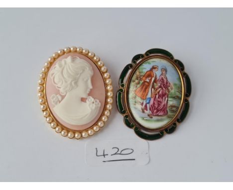 An oval &amp; enamel portrait brooch plus a modern cameo brooch