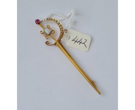 A long opal, garnet and pearl set 15ct gold sword brooch 4.4g
