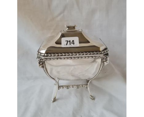 A good tea caddy of Adam design with rams head cornices hinged cover and gilt interior 6 1/2 inches high Chester 1908 by SMGH